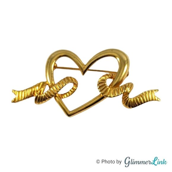 Vintage Gold Tone Open Heart Ribbed Ribbon Brooch - Picture 1 of 7